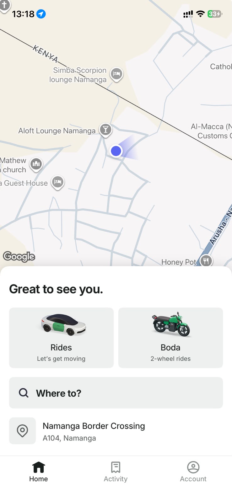 Naulicare passenger app home screen with Rides and Boda options